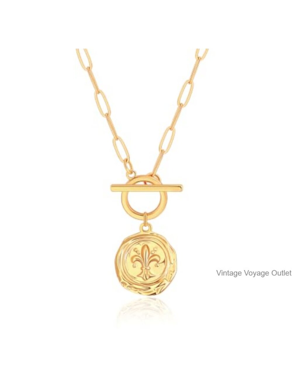 18K Gold Plated Fleur-de-Lis Pendant Necklace 20in Paperclip Chain